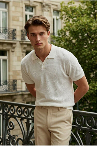 DAMGA JEANS Men's Summer Short Sleeve Textured Cream Polo Collar T-Shirt