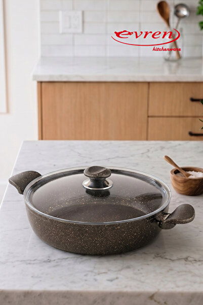 Evren 28 cm Gold Stone Ezme Series Granite Flat Pot 3.6 Lt, Non-Stick Pilav K...