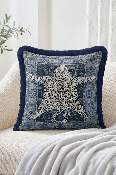 Realhomes Blue Ethnic Patterned Fringed Throw Pillow Cover with Spotted Sea T...