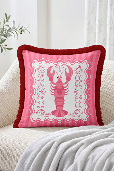 Realhomes Fringed Throw Pillow Cover with Lobster Figure, Stripes and Frame M...