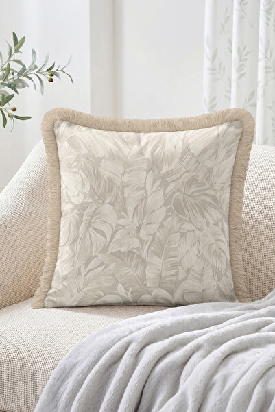 Realhomes Beige and Cream Fringed Throw Pillow Cover with Tropical Leaf Patte...