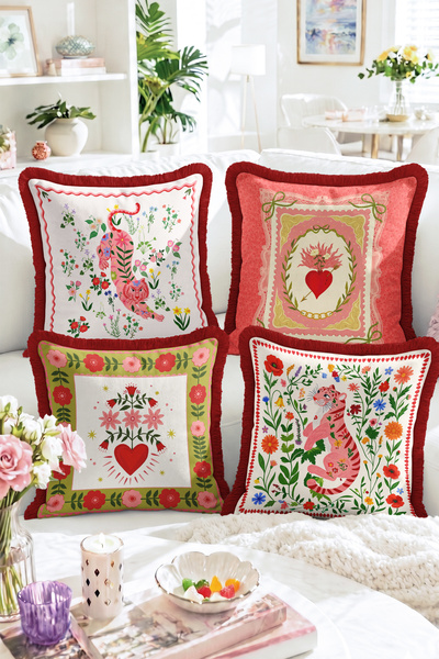 Realhomes Set of 4 Fringed Throw Pillow Covers with Floral Tiger and Heart Mo...
