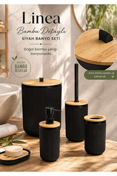 Store HGY Home Gerçek Bambu Detaylı London Siyah 5'li Banyo Seti