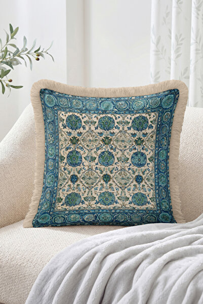 Realhomes Blue and Green Medallion Pattern with Tile Motif Fringed Throw Pill...