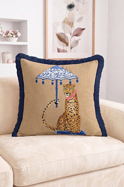 Realhomes Leopard Figured Blue Tile Patterned Umbrella Detailed Fringed Throw...