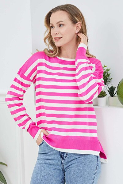 Fulla Moda Striped Crew Neck Casual Knit Sweater
