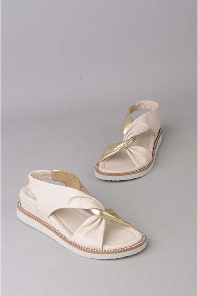 SEÇ KUNDURA Seç 107614 Stone Detail Genuine Leather Women's Sandals Beige-Gold