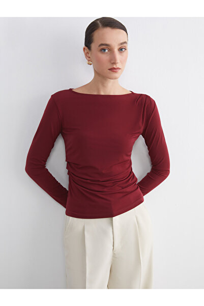LC Waikiki Lcw Everyday Plum Boat Neck Gathered Blouse