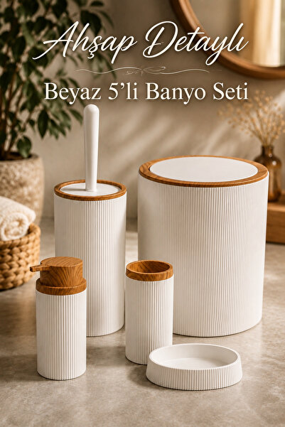 Store Set de baie HGY Home Mina White cu detalii din lemn, 5 piese