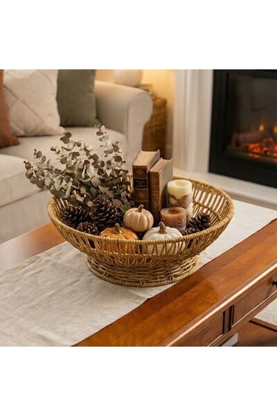 Marsilyan 31 cm Plastic Rattan Serving Bowl – Natural Wicker Look Decorative ...