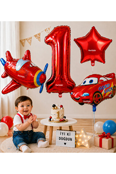 PARTİ AŞKI 1 Yaş Şimşek Mcqueen Cars Uçak Yarış Temalı 4'li Balon Seti & Erke...