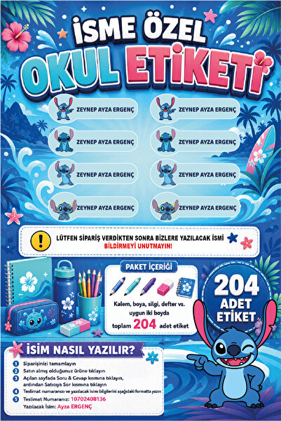 Ayza Tasarım İsme Özel Su Geçirmez Okul Etiketi Sticker Kişiye Özel Kız Çocuk...