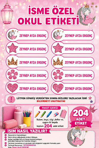 Ayza Tasarım İsme Özel Su Geçirmez Okul Etiketi Sticker Kişiye Özel Kız Çocuk...