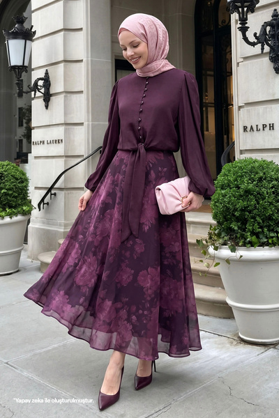 InStyle Tie-Neck Blouse and Plum Skirt Set