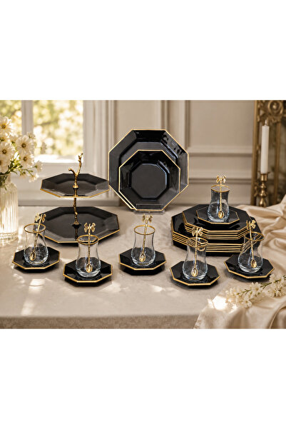 Barok Gold siyah cam pasta ve çay seti