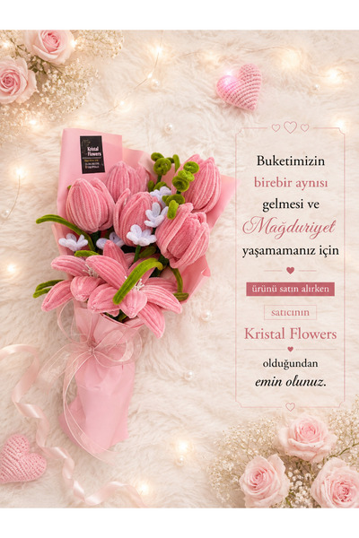 Kristal Flowers Pembe Lilyum ve Lale Yapay Çiçek Buketi Şönil