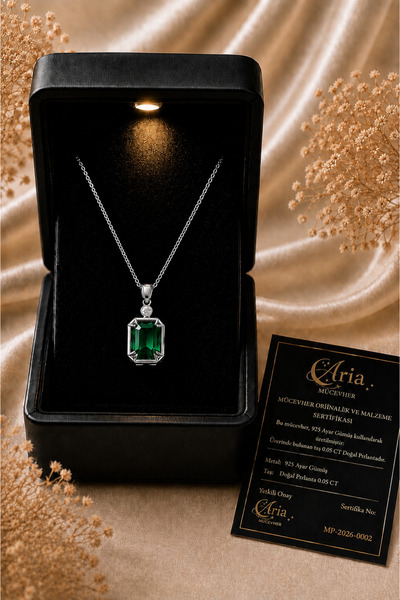 eva'sjewellery diamond Doğal Pırlantalı Zümrüt Kolye - 925 Ayar Gümüş, 14 Aya...