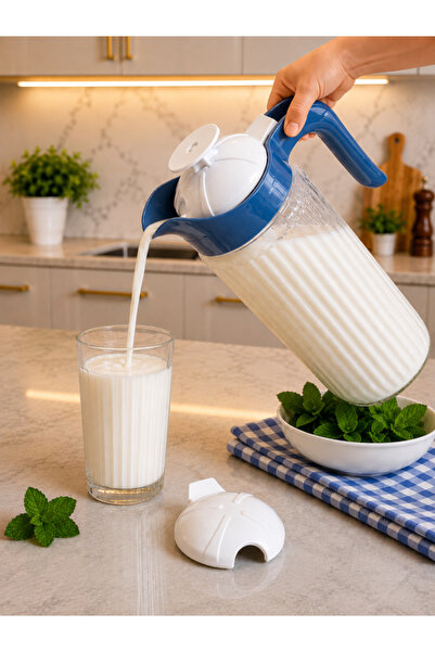 abenim 1500 cc Mavi Kapaklı Cam Ayran Karıştırma Sürahisi yedek kapaklı
