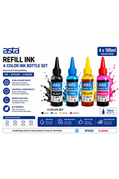 ASTA خرطوشة حبر إعادة تعبئة مكونة من 4 قطع (HP/EPSON/CANON) 4 × 100 مل متعددة...