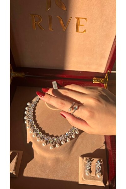 rive.jewelry çiçek Zirkon ve inciler Rhodium Kaplama Şık ve Lüks Takı Seti