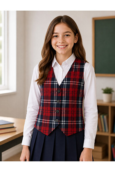 OEM Vestă școlară, în carouri, roșie și bleumarin, 9 ani