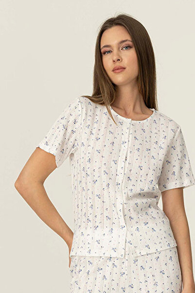 girlstop Kadın Pamuklu Pointelle Fiyonk Detaylı Kısa Kollu Pijama Üstü