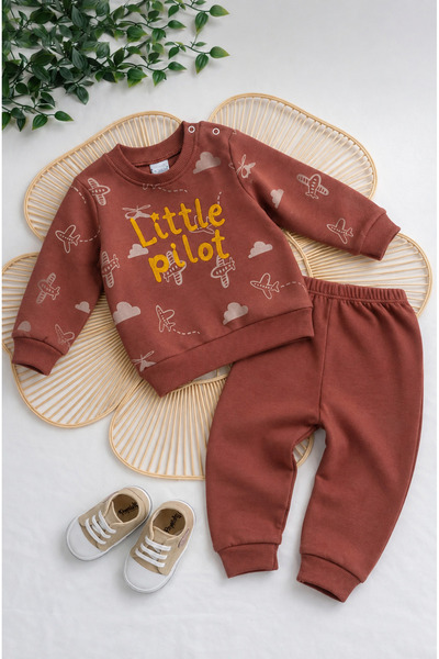 Mou&Kou Punch Embroidered Small Airplane Patterned Baby 2-Piece Set – Sweatsh...
