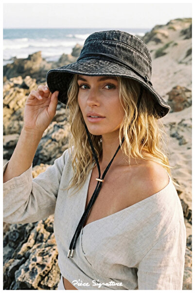 PIECE SIGNATURE Modern Safari: Adjustable Drawstring Denim Bucket Hat (Unisex...