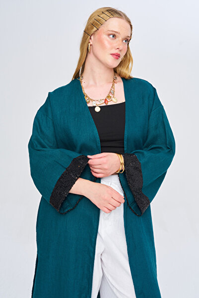 Orfeo Negro 100% LINEN PETROL COLOR LONG CHIMONO JACKET WITH SLEEVES PAYET EM...