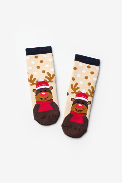 Le Mabelle Beige Polka Dot Deer Patterned Girls' Christmas Socks