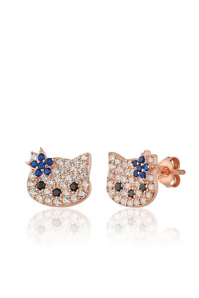 Zanaatsilver 925 Ayar Gümüş Rose Kaplama Zirkon Taşlı Yıldızlı Kedi Küpe