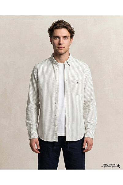 Gant Erkek Yeşil Regular Fit Çizgili Logolu Gömlek
