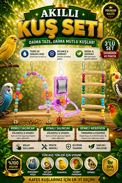 Genel Markalar Kuş Salıncağı + Aynalı Tünek + Merdiven Seti ( Renkler Değişke...