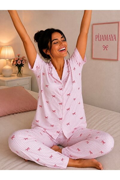 Pijamaya Lüx Pamuklu Düğmeli Pijama Takımı - Pembe