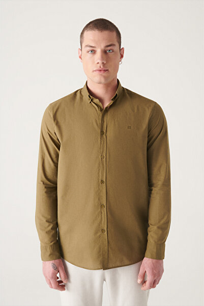 Avva Men's Khaki 100% Cotton Thin Soft Button Collar Shirt E 002206