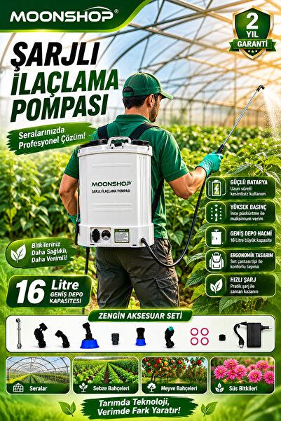 MOONSHOP Pro Alman Turbo 16 Lt Şarjlı Sırt Tipi İlaç Pompası Akülü Şarjlı İlaçlama Makinesi  Pompası.