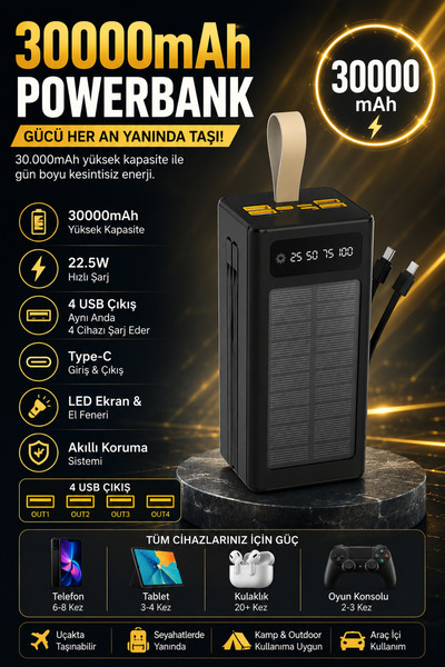 30.000 mAh / 50.000 mAh Güneş Panelli Powerbank 22.5W Hızlı Şarj Dahili Kablolu Dijital Göstergeli USB & Type-C Taşınabilir Harici Batarya