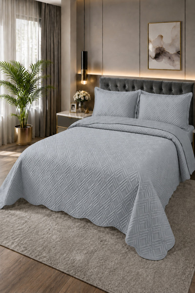 Bella Home غطاء سرير مخملي مزدوج من ليديا - رمادي