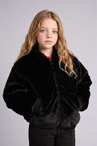 DeFacto Girl's Double Sided Zipper Hooded Plush Coat C5493A824Wn