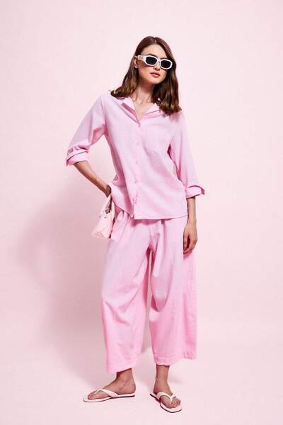 DeFacto Barrel Fit Elastic Waist Flexible Band Ankle Length Linen Blend Pink ...