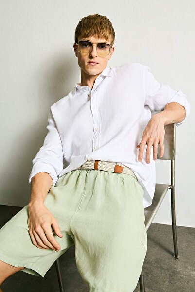DeFacto 100% Linen Relax Fit Polo Collar Woven Long Sleeve Shirt G0856Ax26Sm
