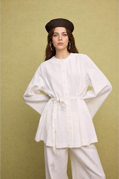 DeFacto Regular Fit Ecru Cotton Linen Blend Long Sleeve Ecru Tunic H8907Ax26Au