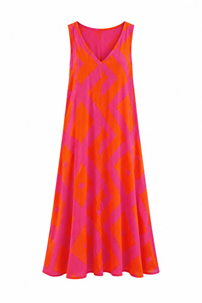 Zelish My Sister V-Neck Orange Geometric Patterned Dress