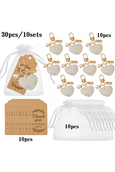 Choice 10sets 30pcs/10sets Faux Pearl Heart Keychain Set, Love Charm Metal Ke...