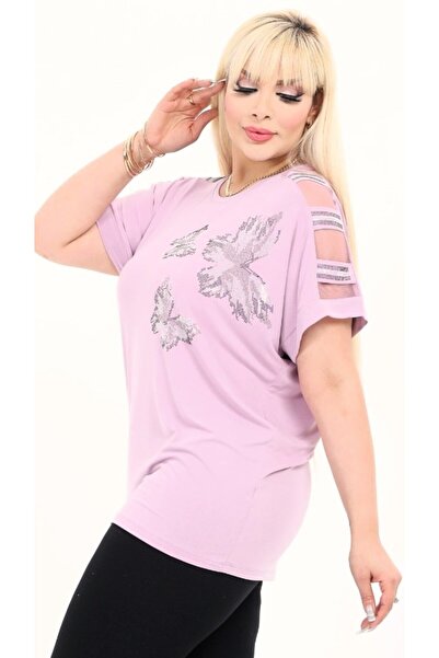 Kheos Round Neck Shoulder Tulle Stripe Short Sleeve Butterfly Pattern Stone P...