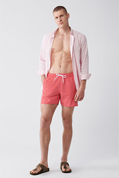 Avva Men's Red-White Quick Dry Printed Relaxed Fit Swim Shorts E003802