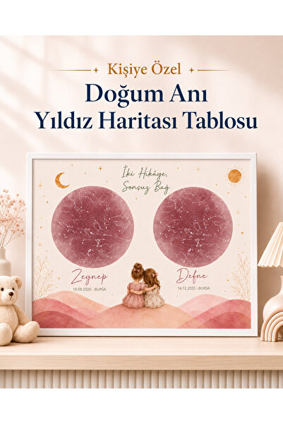 Bebeloji Store Kişiye Özel İki Kız Kardeş Yıldız Haritası Tablosu – İsimli Ta...