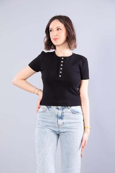 Mckanzie 10849-1 O-Neck Buttoned Short Sleeve Blouse