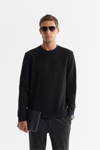 Avva Men's Black Crew Neck Cotton Printed Elastane Regular Fit Sweatshirt A42...
