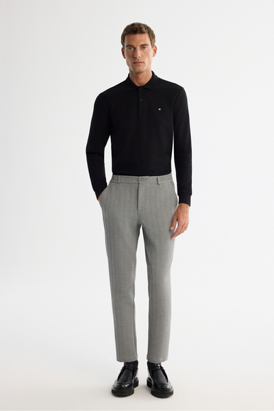 Avva Men's Gray Herringbone Textured Elastic Side Elastane Slim Fit Chino Tro...